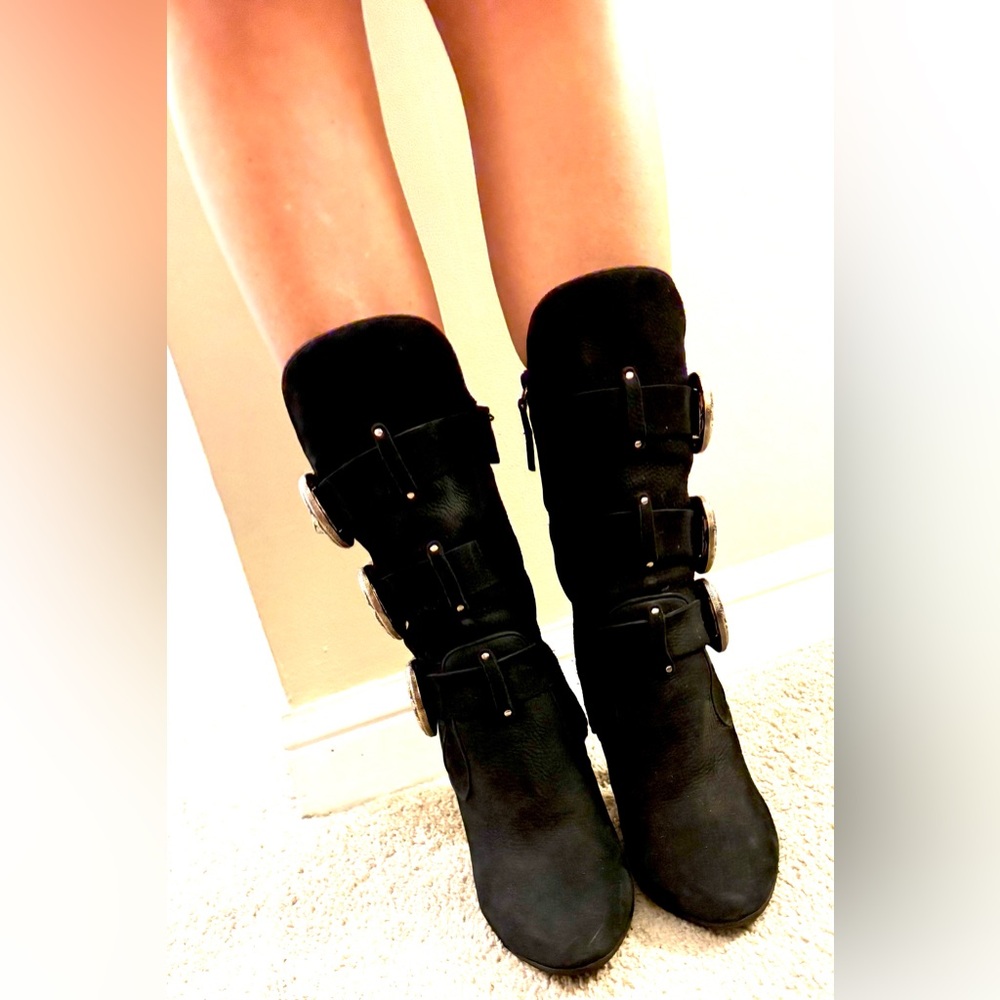 Balmain Black Suede Heeled Boots with Silver Western Buckles